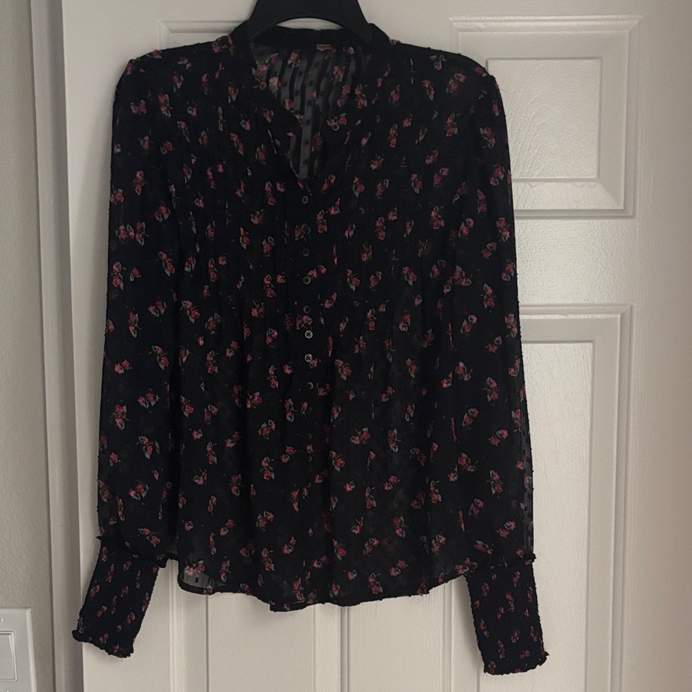 Free People Black Blouse with Pink Floral Design